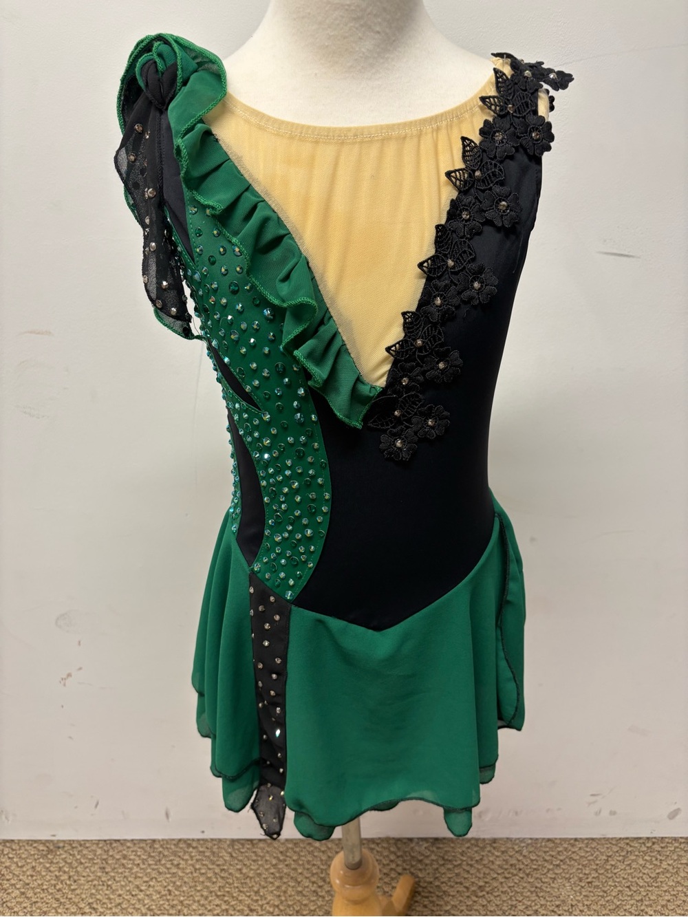 Green & Black Ruffled Figure Skate Dress with Embellishments